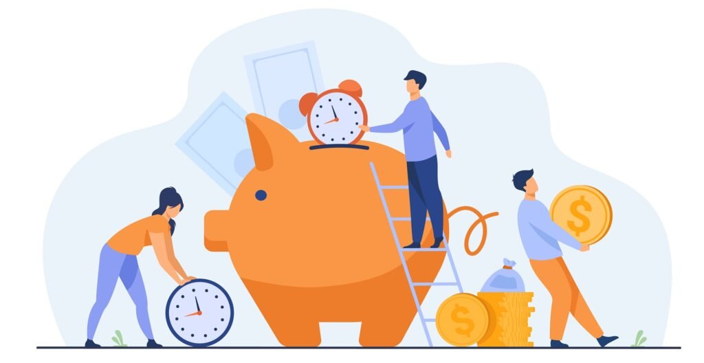 Rich people keeping cash and clocks in piggy bank